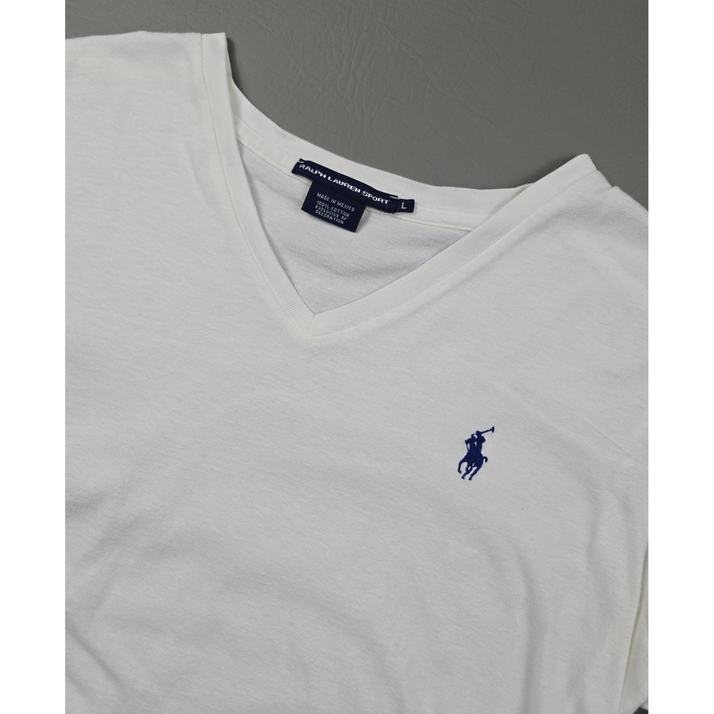 Ralph Lauren Sport White V-Neck T-Shirt Blue Pony Logo Cotton Large